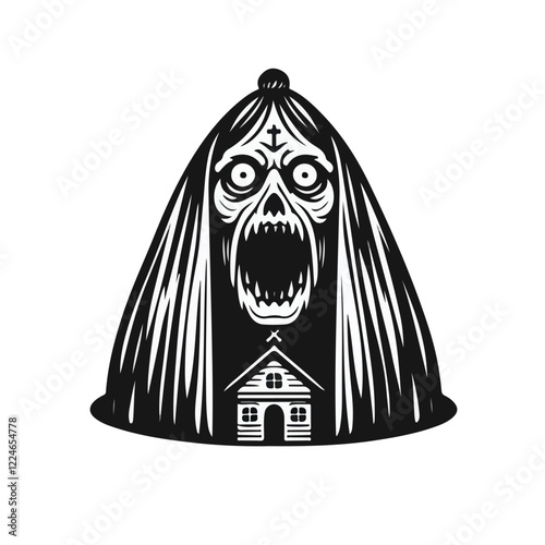 The Haunting of the House: A terrifying black and white illustration of a ghastly ghost emerging from a house, its face contorted in a scream.