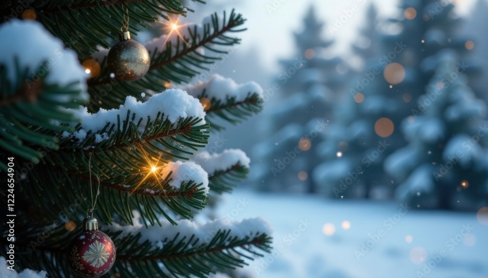 Sparkling snowflakes fall on a decorated coniferous tree, coniferous, twinkle, frosty Sparkling snowflakes fall on a decorated coniferous tree, coniferous, twinkle, frosty