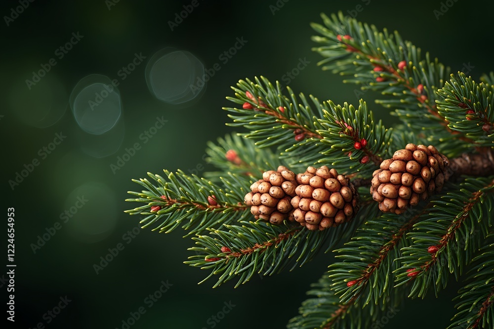 Evergreen Branch with Pine Cones: Nature's Tranquil Beauty for Holiday Designs and Seasonal Decor Evergreen Branch with Pine Cones: Nature's Tranquil Beauty for Holiday Designs and Seasonal Decor