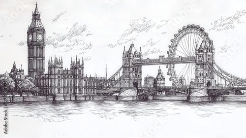 Hand-drawn illustration of London skyline with Big Ben and Tower Bridge photo