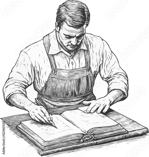 Skilled artisan at work in black and white vector art.