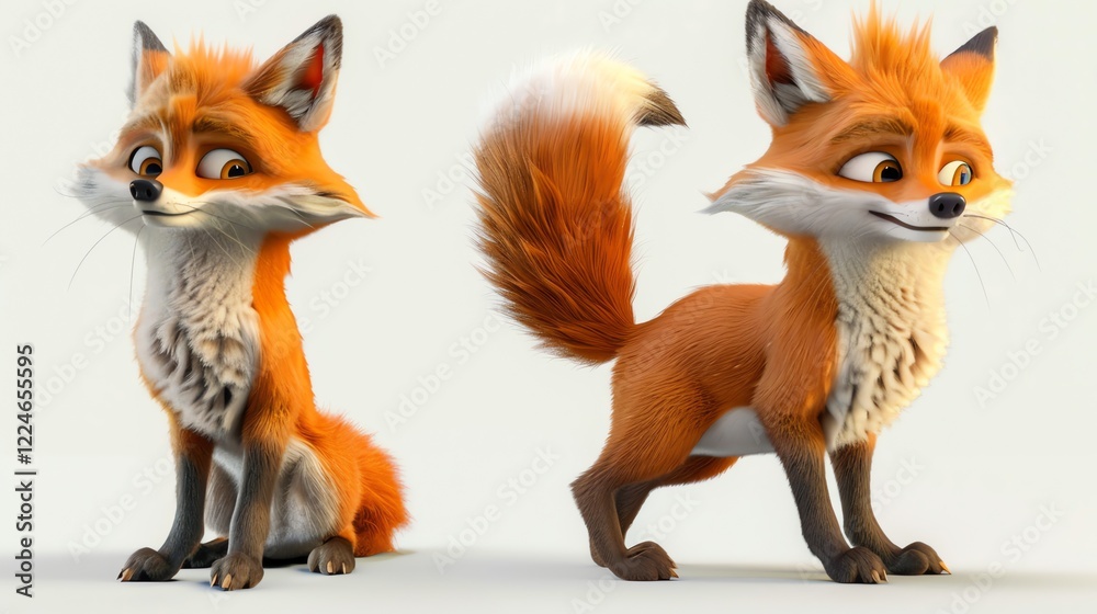 Obraz premium A 3D rendering of a fox in two poses.