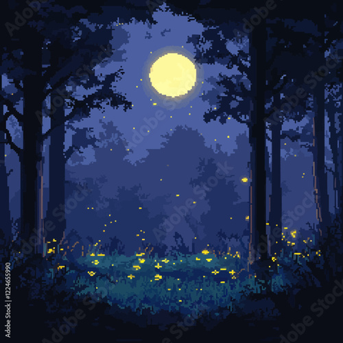 Vector design of night forest with glowing fireflies under full moon.