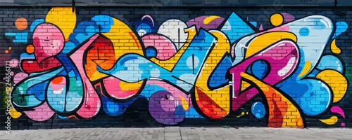 Vibrant vector street art mural on urban brick wall.