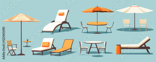 Vector design of outdoor patio furniture: chairs and umbrellas collection.