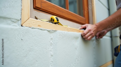 Construction Worker Installing Insulation Panel on Exterior Wall Close-Up View photo