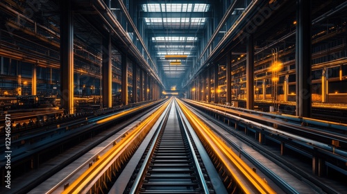 Industrial railway scene showcasing illuminated tracks in a vast, modern factory setting