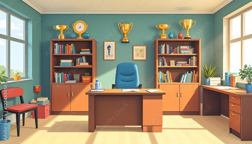 A Sunny Office with Bookshelves Trophies and Desk A Sunny Office with Bookshelves Trophies and Desk