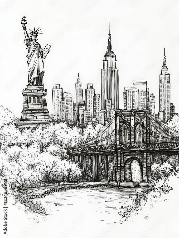Fototapeta premium Hand-drawn illustration of New York City skyline