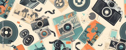 Vintage camera vector collage with retro film elements.