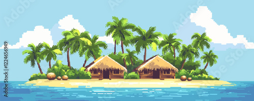 Tropical island vector: palm trees and thatched huts retreat.