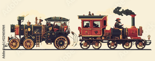 Vintage steam train vector art with detailed locomotive design.