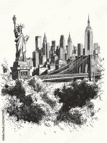 Hand-drawn illustration of New York City skyline photo