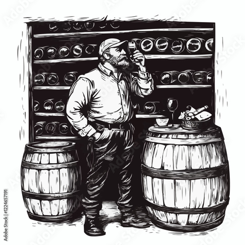 Rustic wine cellar vector art with sommelier and oak barrels.
