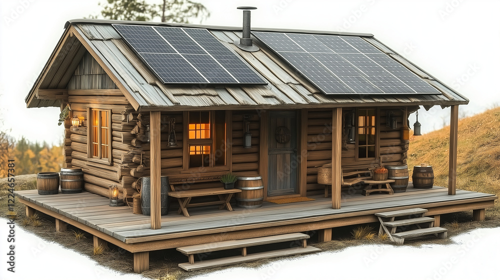 Fototapeta premium Sustainable rustic home with solar panels and vintage countryside aesthetics