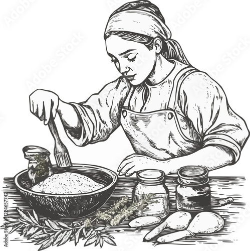Baking process vector art: woman preparing dough with ingredients.