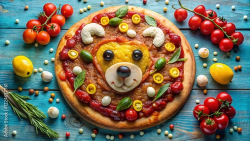 Funny Bear Pizza: Pelati Sauce, Mozzarella, Corn, Cherry Tomatoes, Bell Pepper, Olives, Quail Eggs & Sesame photo