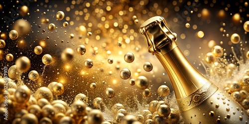 Fizzy golden liquid overflowing from a champagne bottle in a luxurious setting, with delicate crystals and intricate details, champagne gold bubbles luxury, premium