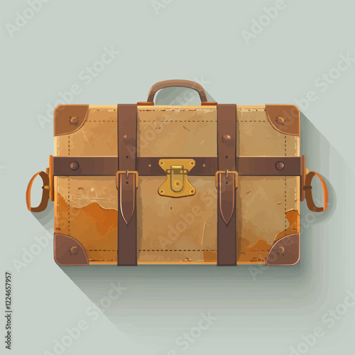 Vintage vector suitcase design with leather straps and metal buckles.