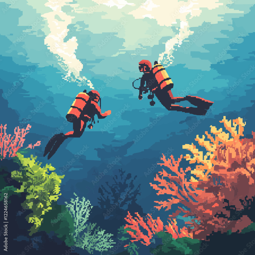 Vector underwater scene with scuba divers and colorful corals.