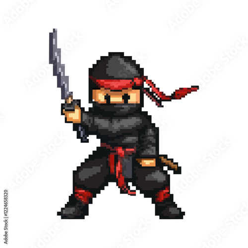 Ninja warrior vector art with pixel design and katana sword.