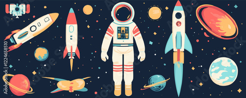 Colorful space exploration vector with rockets, planets, and astronaut.