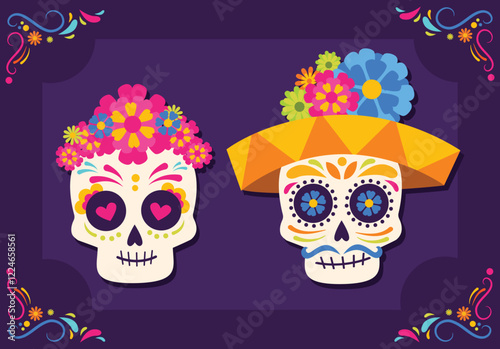 of the dead, Dia de los moertos, banner with colorful Mexican flowers. Fiesta, holiday poster, party flyer, funny greeting card