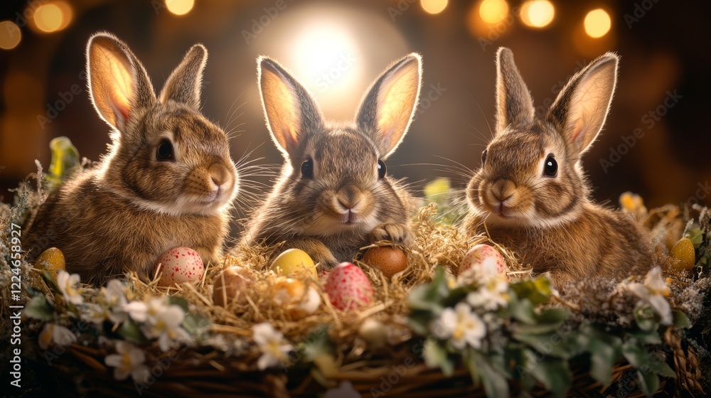 Fototapeta premium Easter Bunnies Nestled with Colorful Eggs