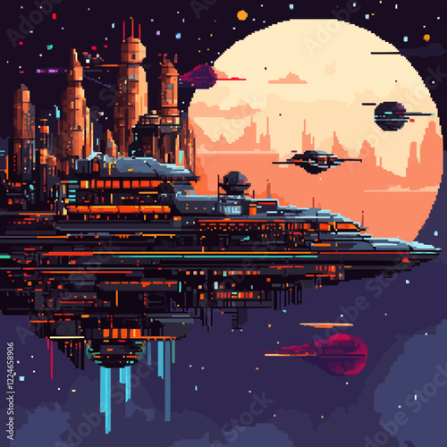 Futuristic space station vector art with pixel style sci-fi cityscape.