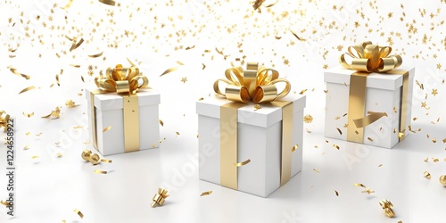  White gift with gold bows set, floating gold ribbons, surprise and presents, 3d rendering