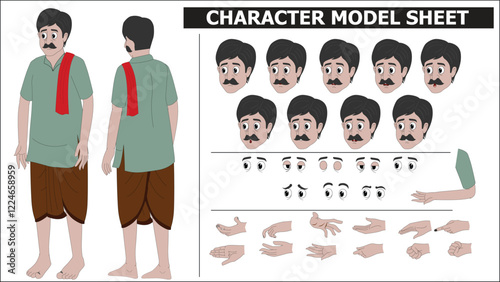 Indian Servant Sprite Sheet | Rigged 2D Character with Lip Sync, Walk Cycle, Eye Blink, Eyebrow Expressions, and Hand Sync | Ready-to-Use for Animation, Motion Graphics & Vector Art