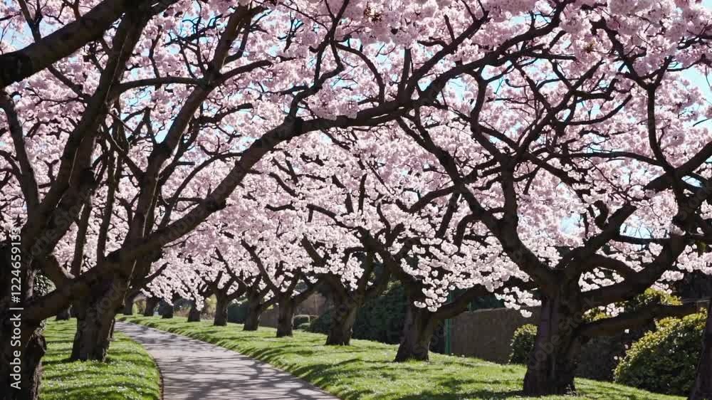 A serene path lined with cherry blossom trees in full bloom, their pink flowers forming a canopy under a clear blue sky on a sunny day