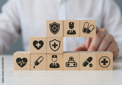 Health insurance and medical care concept. A set of wooden blocks displaying health-related icons, medical care, health insurance, and medication.