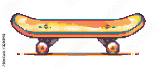 Retro pixel art vector design of a colorful skateboard.