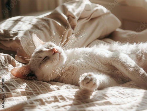 white cat is basking in bed on a blanket in the sun's rays, comfort and home warmth