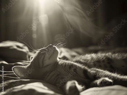 black and white  cat is basking in bed on a blanket in the sun's rays, comfort and home warmth