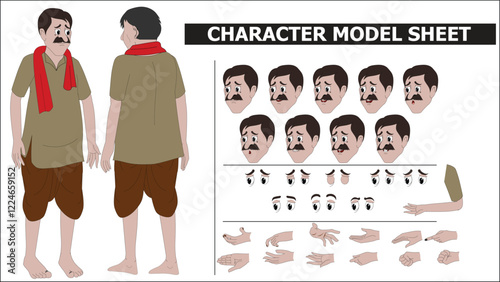 Indian Servant Sprite Sheet | Rigged 2D Character with Lip Sync, Walk Cycle, Eye Blink, Eyebrow Expressions, and Hand Sync | Ready-to-Use for Animation, Motion Graphics & Vector Art
