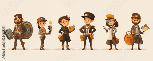 Vector characters: stylish explorers and scientists in retro outfits.