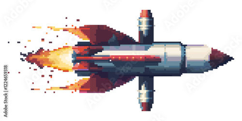 Retro pixel art vector rocket with flames and turbo boost.