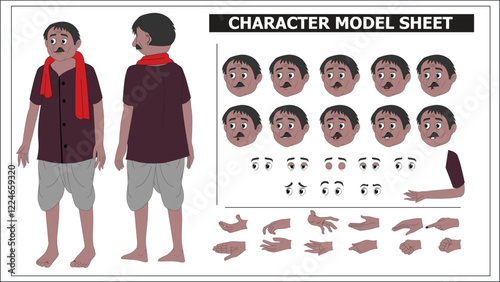 Indian Servant Sprite Sheet | Rigged 2D Character with Lip Sync, Walk Cycle, Eye Blink, Eyebrow Expressions, and Hand Sync | Ready-to-Use for Animation, Motion Graphics & Vector Art