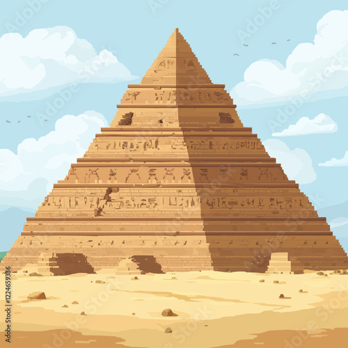 Ancient egyptian pyramid vector with hieroglyphs in desert landscape.