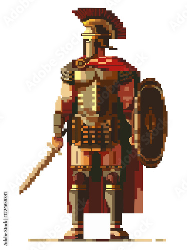 Pixel art roman warrior vector: gladiator shield and sword in retro style.