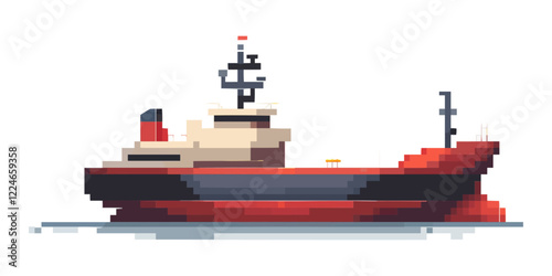 Retro pixel art tugboat vector with nautical elements.