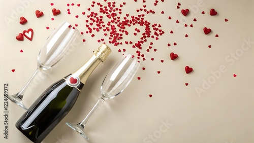 A glass bottle of champagne with two flutes, surrounded by heart confetti