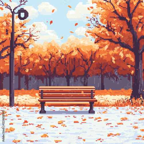 Vector autumn scene with park bench and falling leaves in pixel art style.