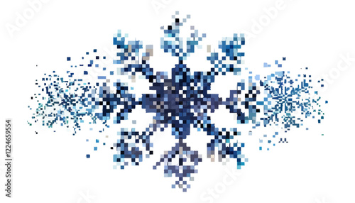 Elegant pixelated snowflake vector design in blue hues.