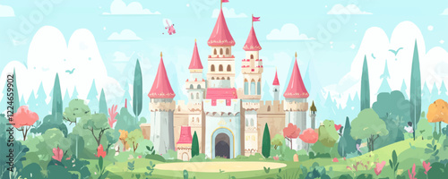 Enchanting castle vector in dreamy landscape with lush greenery.