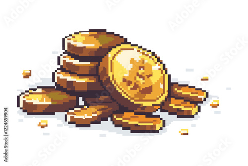 Retro pixel art vector of stacked coins with dollar sign.
