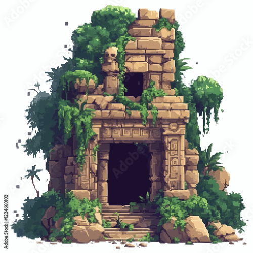 Ancient jungle temple vector art with lush foliage and stone details.
