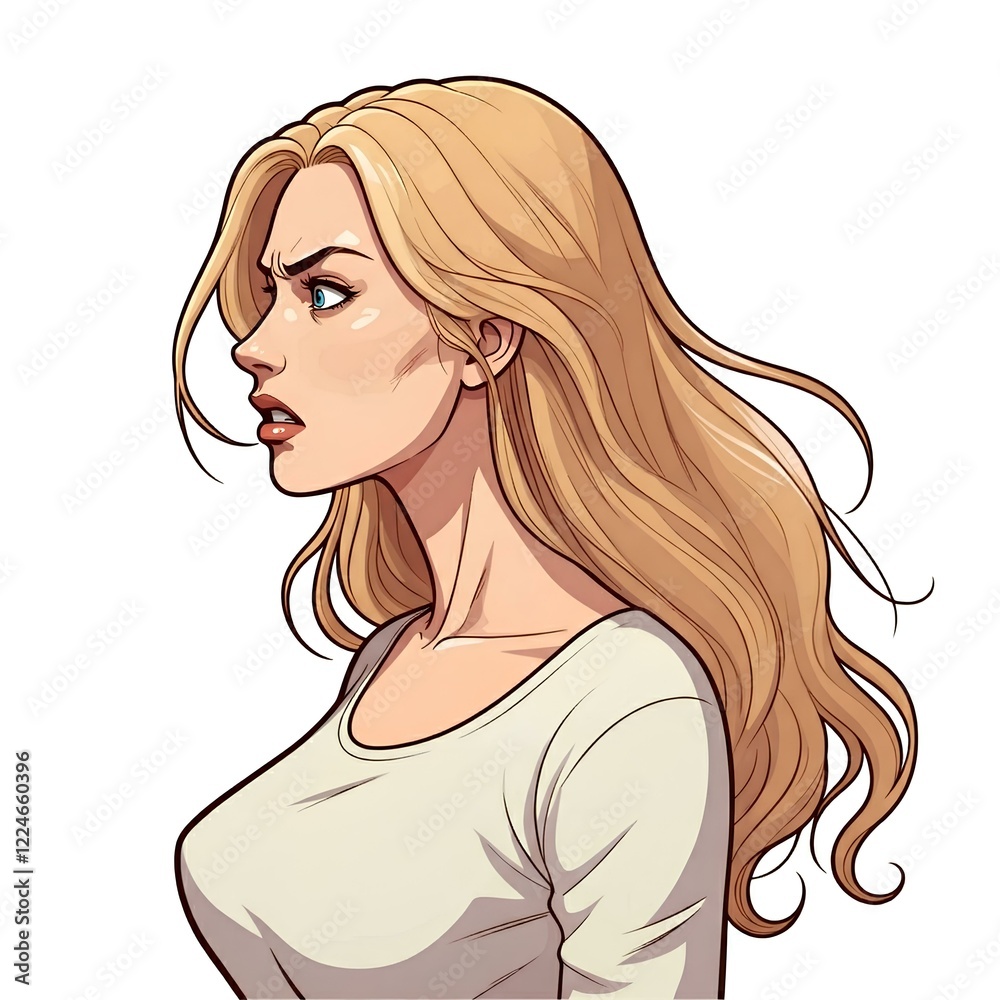 a beautiful blonde woman with long hair showing angry expression, side view isolated white a beautiful blonde woman with long hair showing angry expression, side view isolated white